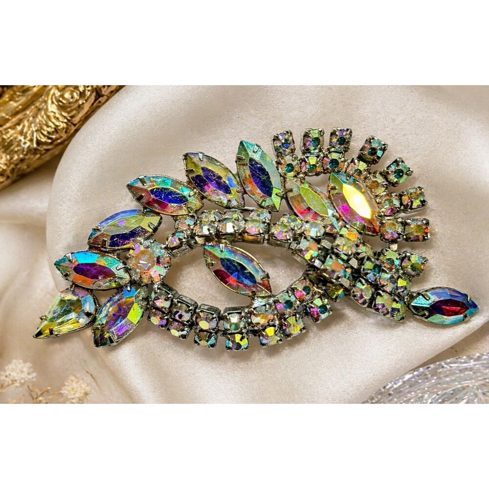 Vintage Aurora Borealis Rhinestone Brooch Navette Silver Tone Statement Juliana?